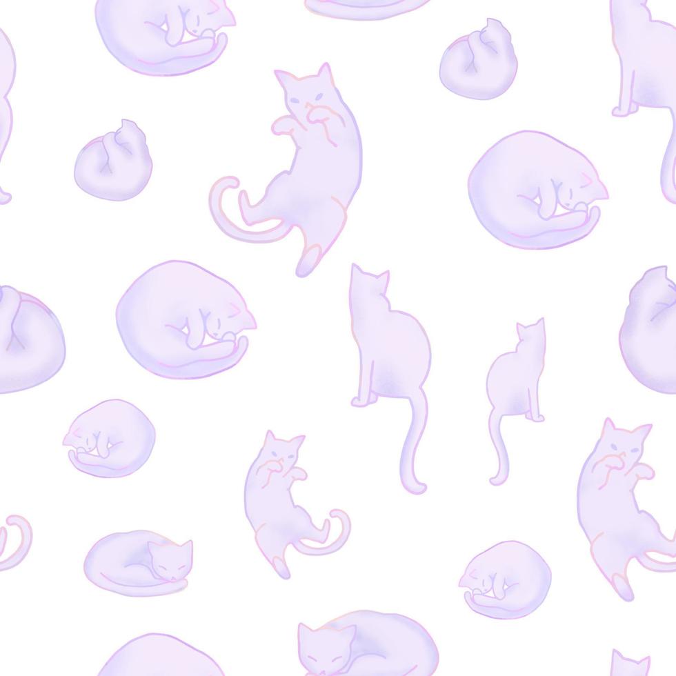 Seamless pattern with soft cute pastel cats on white background. vector