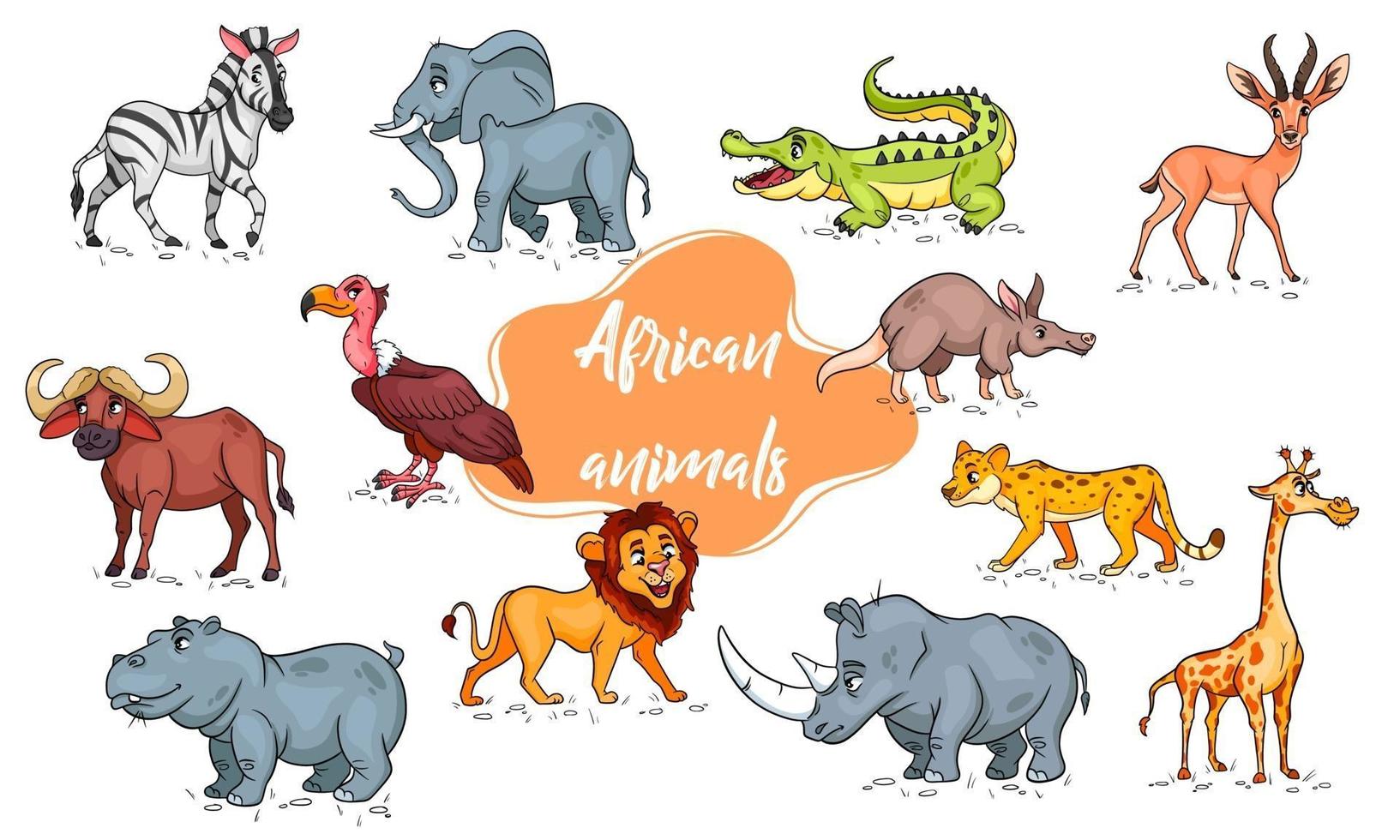 Large set of African animals. Funny animal characters in cartoon style. vector