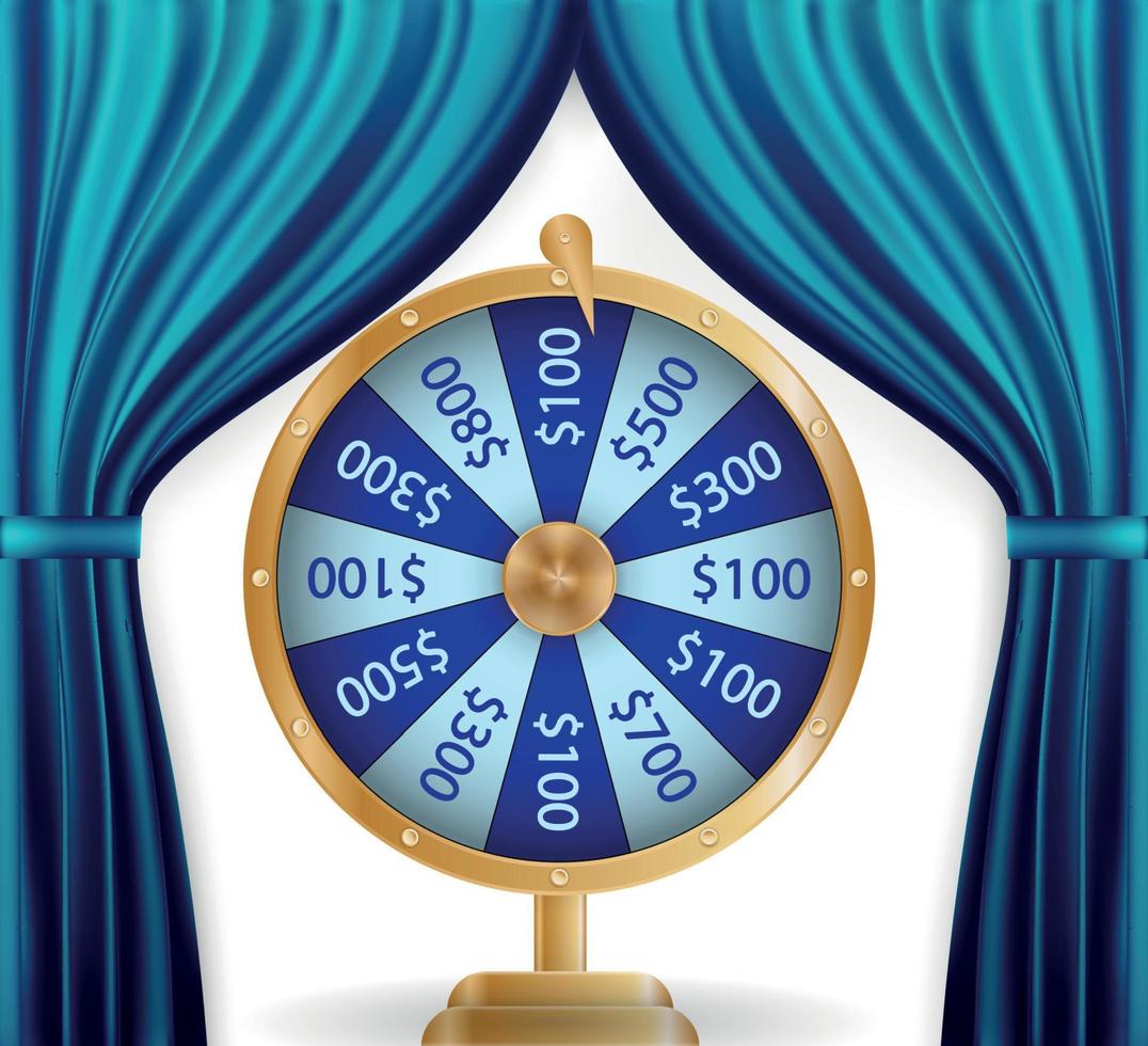 Natural color image of Curtain, open curtains Blue color along with Colorful roulette wheel. Chance of victory. Fortune concept. Vector Illustration.