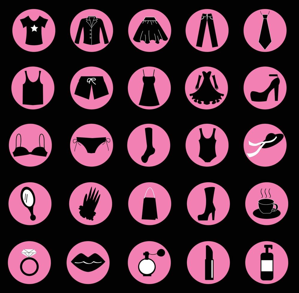 conjunto de elementos de ropa y accesorios de compras de mujer. iconos de vector negro plano aislado