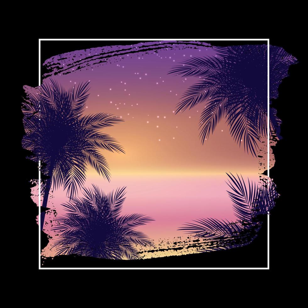 Summer Night Beach Poster. Tropical Natural Background with Palm.  Decor for fabric, textile, clothes Vector Illustration