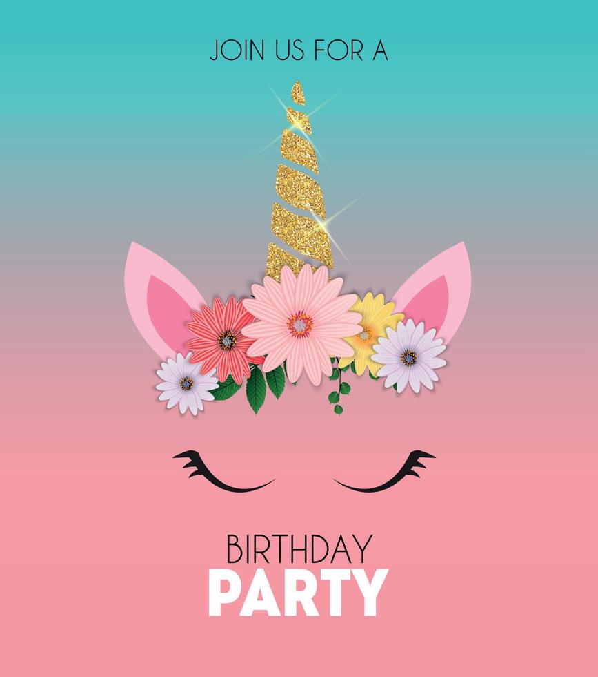 Birthday party invitation with cute unicorn and flower. Vector Illustration