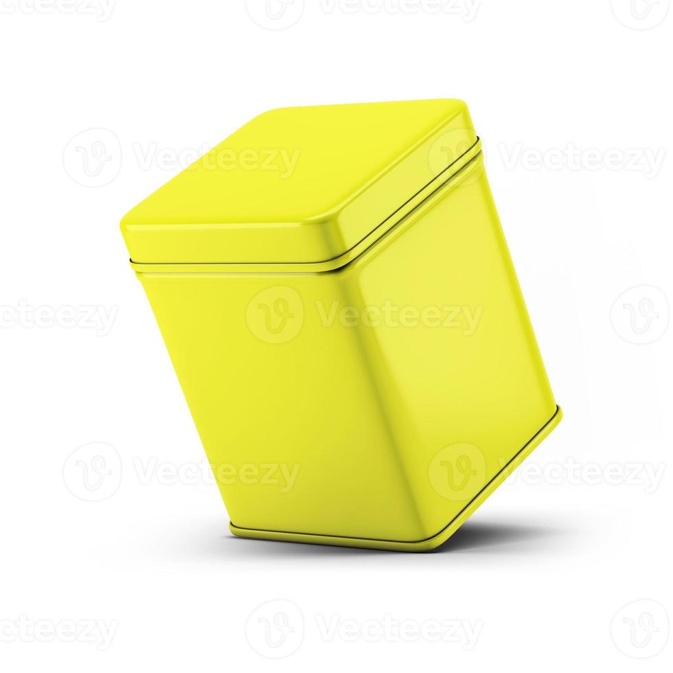 Yellow Square Tin Can Packaging Mockup for your design project - Mock Up 3D illustration Isolate on White Background. photo