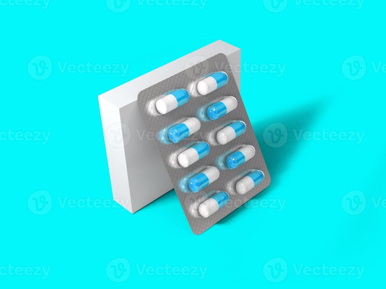 3 caja de paquete blanco en blanco de representación para blister de píldoras aisladas sobre fondo de color. adecuado para su elemento de diseño. foto