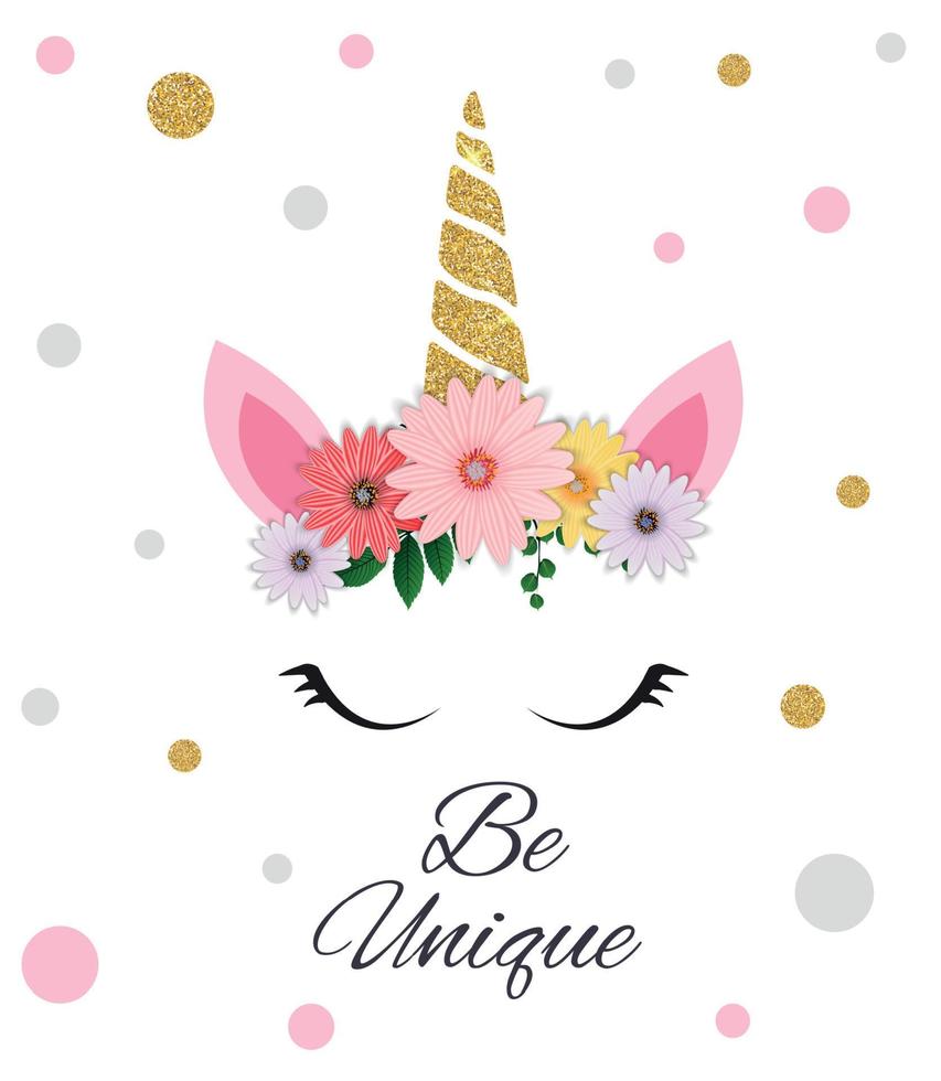 Colorful postcard With colorful unicorn with the inscription Be Unique. Vector Illustration