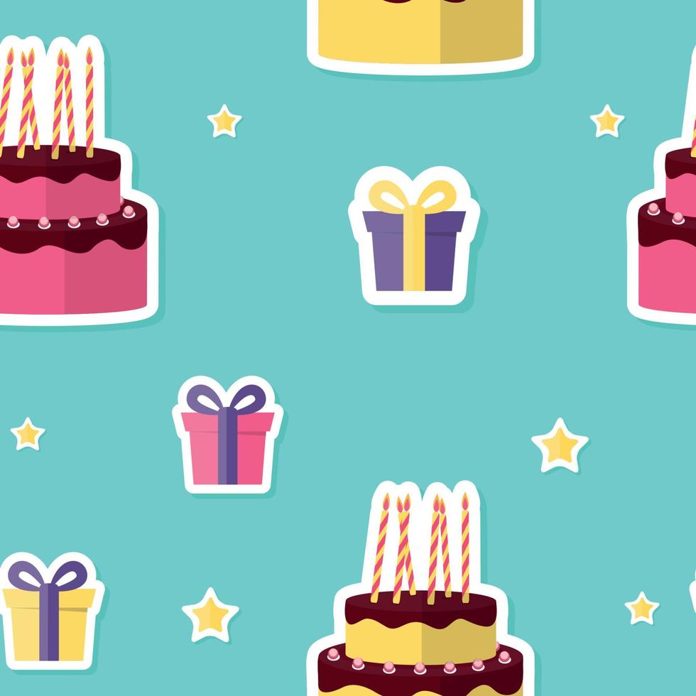 Happy Birthday Seamless Pattern Background with Cake and Gift Box. Vector Illustration