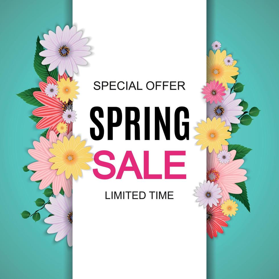 Spring Sale Cute Background with Colorful Flower Elements. Vector Illustration