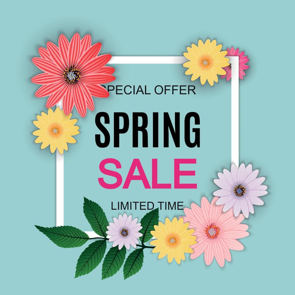 Spring Sale Cute Background with Colorful Flower Elements. Vector Illustration