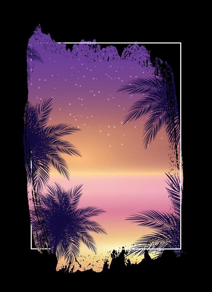 cartel de playa de noche de verano. Fondo natural tropical con palmeras. decoración para tela, textil, ropa, ilustración vectorial vector