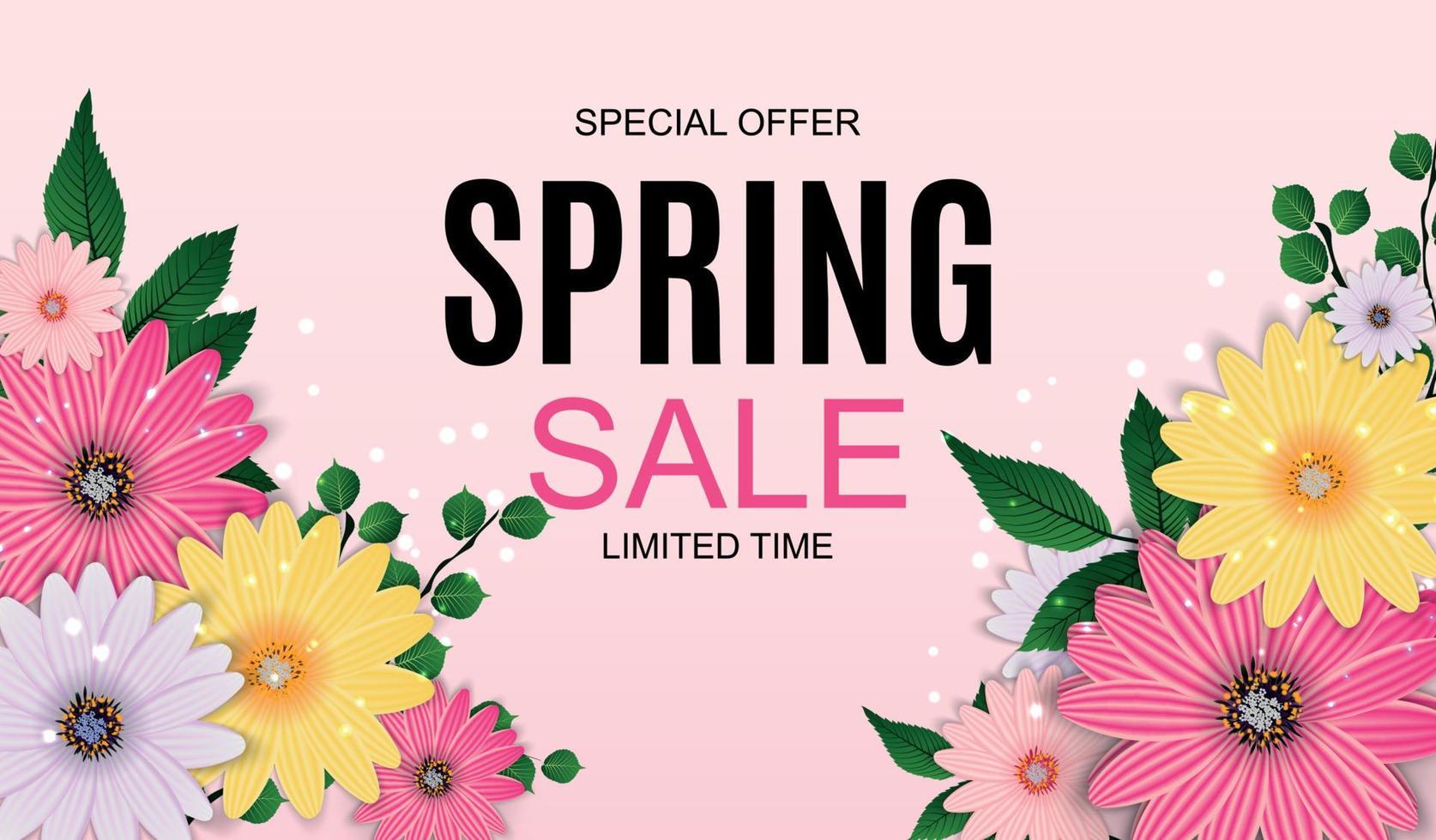 Spring Sale Cute Background with Colorful Flower Elements. Vector Illustration