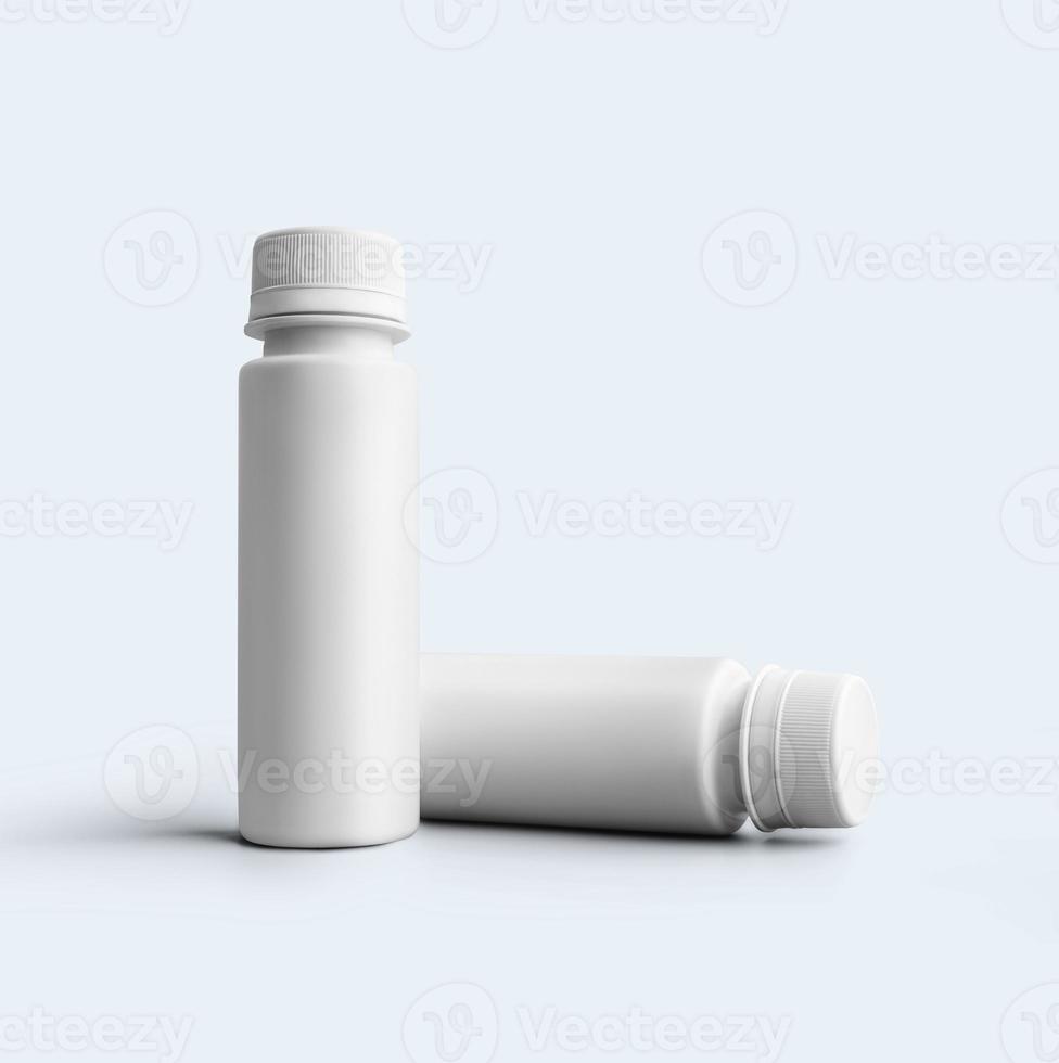 Representación 3D botella de polvo cosmético blanco en blanco con tapa de plástico aislado sobre fondo gris. apto para el diseño de su maqueta. foto