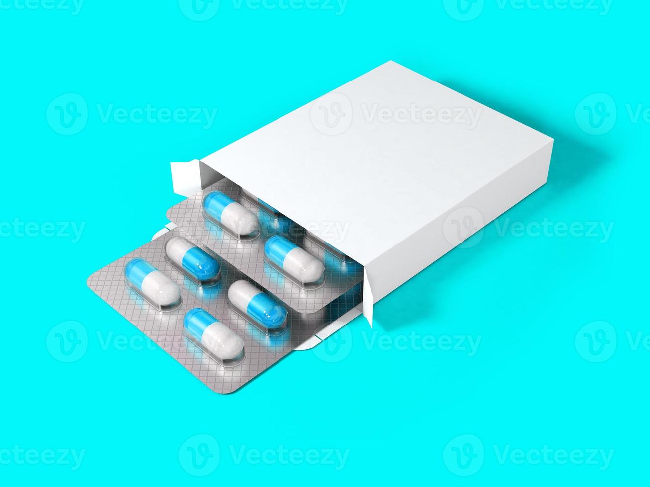3 caja de paquete blanco en blanco de representación para blister de píldoras aisladas sobre fondo de color. adecuado para su elemento de diseño. foto
