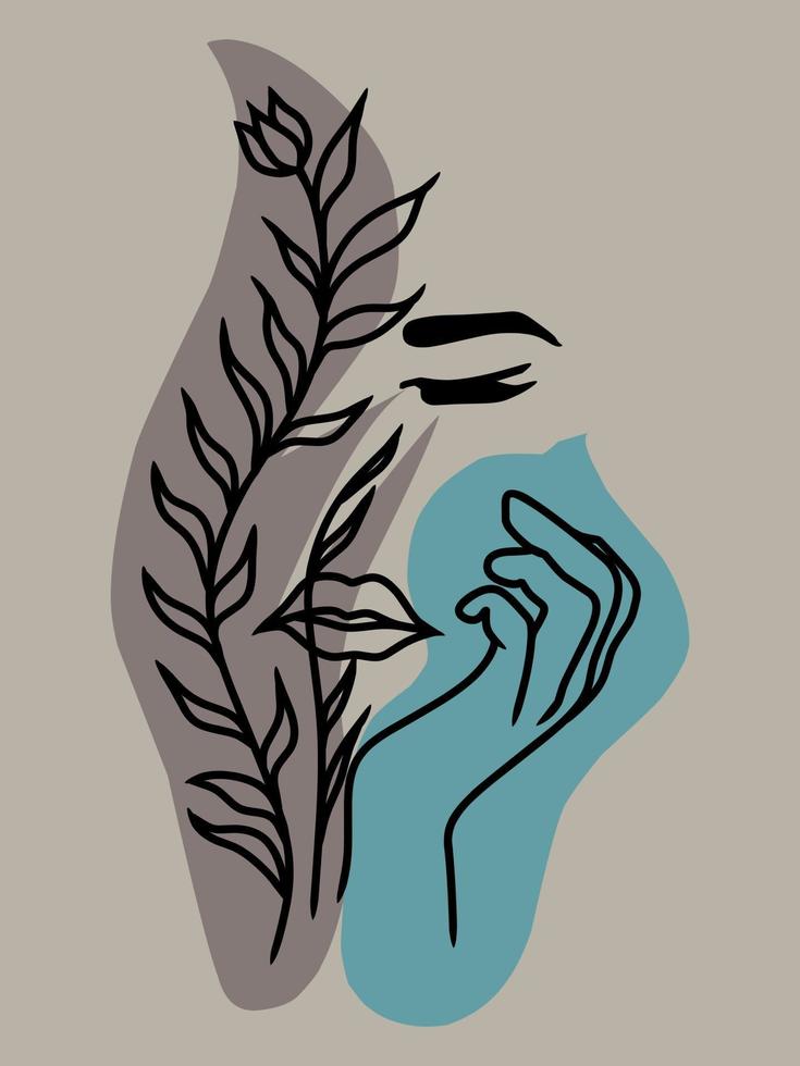 vector de arte de línea de cara con hojas florales de la naturaleza. arte minimalista moderno.