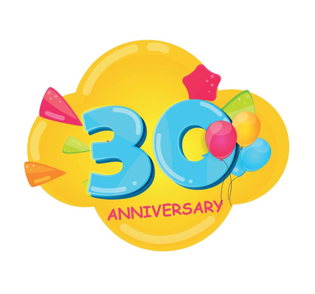 Cute Cartoon  Template Logo 30 Years Anniversary Vector Illustration