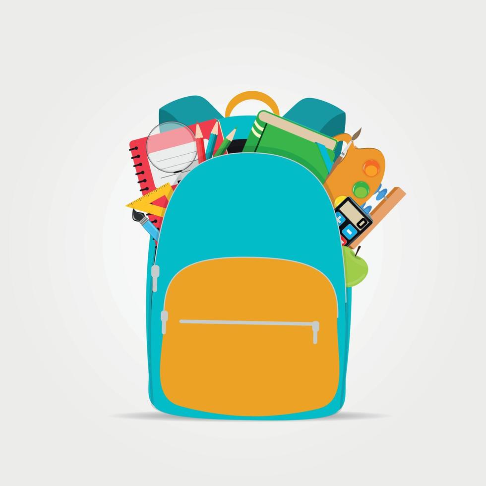 Bag, backpack icon with school accessories. Vector Illustration