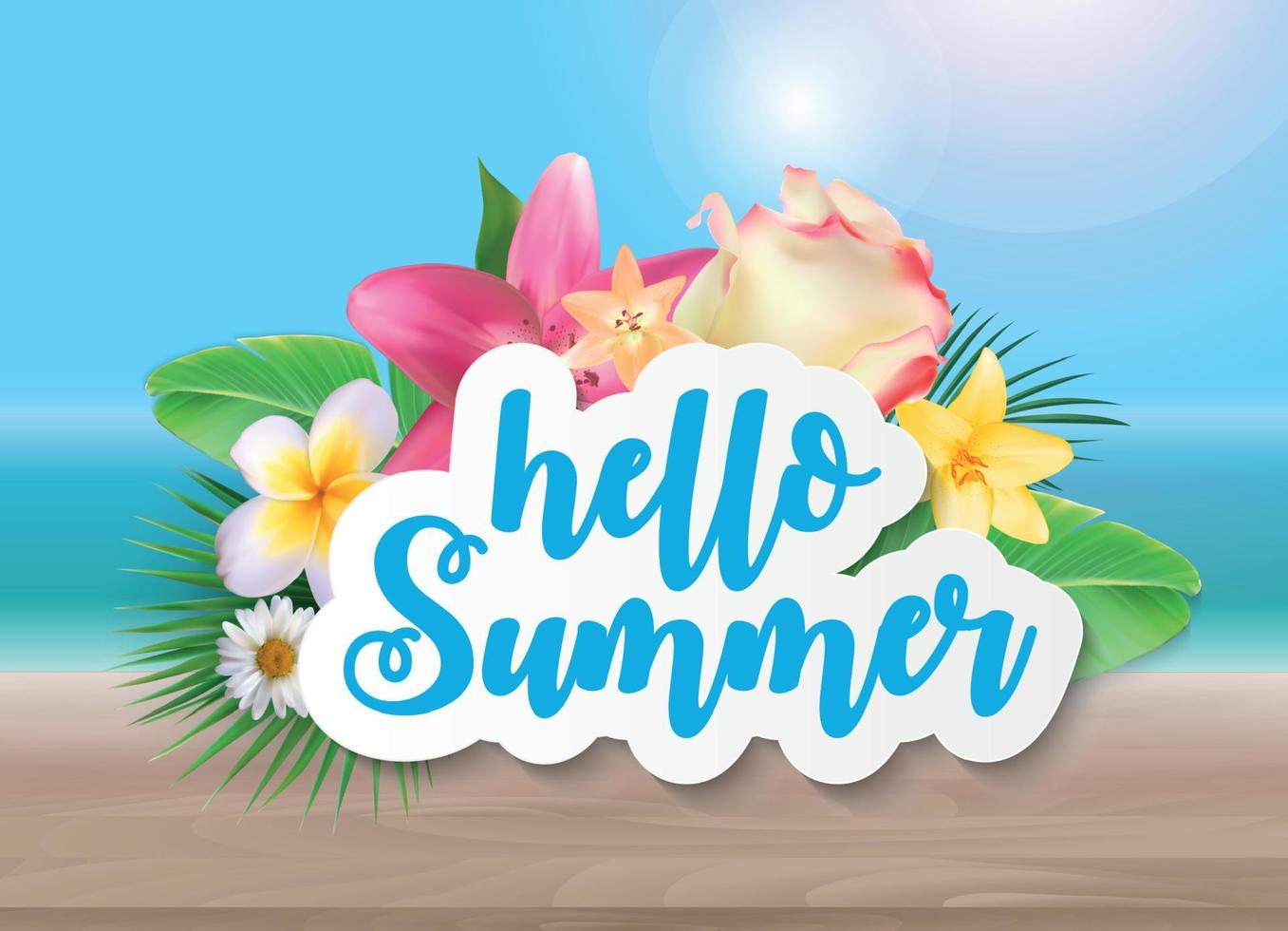 Hello Summer Background with Palm Leaves and Flowers. Vector Illustration