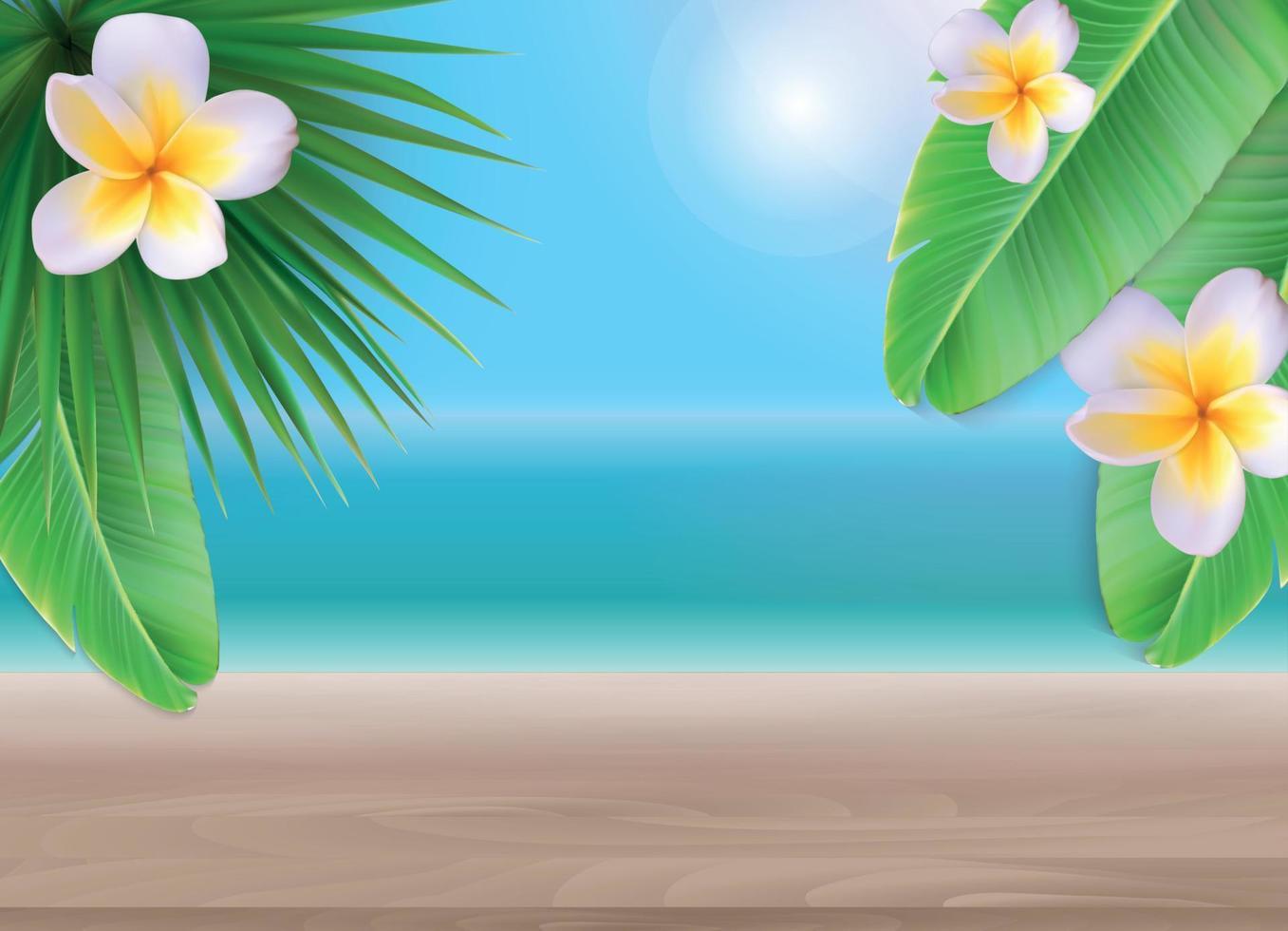 Hello Summer Background with Palm Leaves and Flowers. Vector Illustration