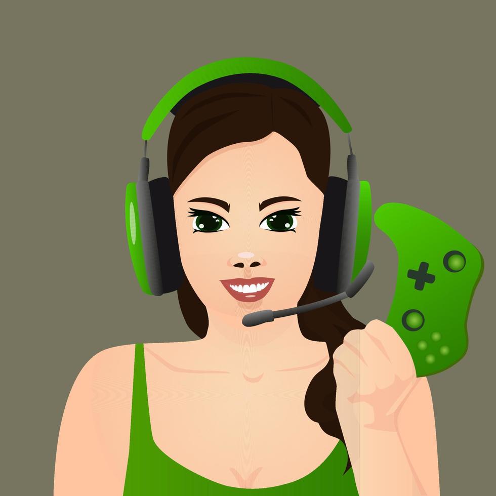 Smiling Gamer Girl in Big Headphones Holds a Gamepad in Her Hand. vector