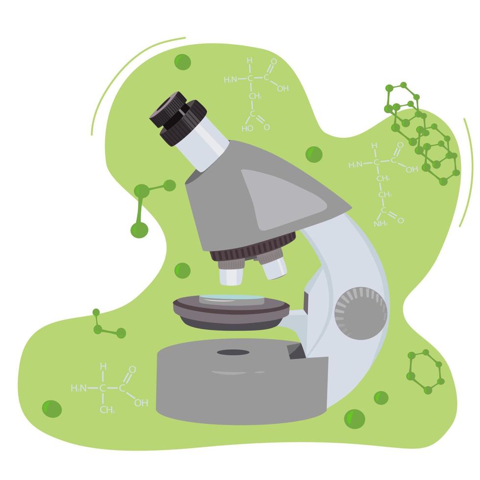 microscopio con placa de Petri y fórmulas químicas. vector