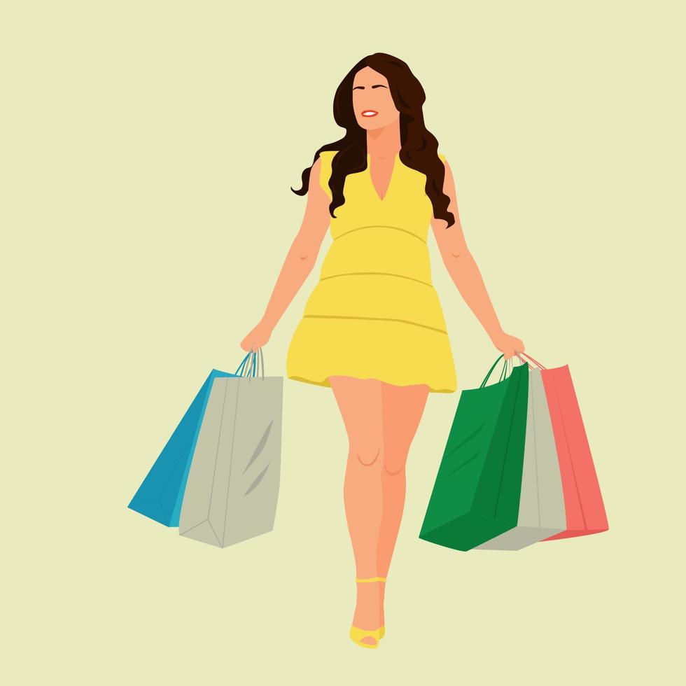 mujer de compras con bolsas de papel. vector