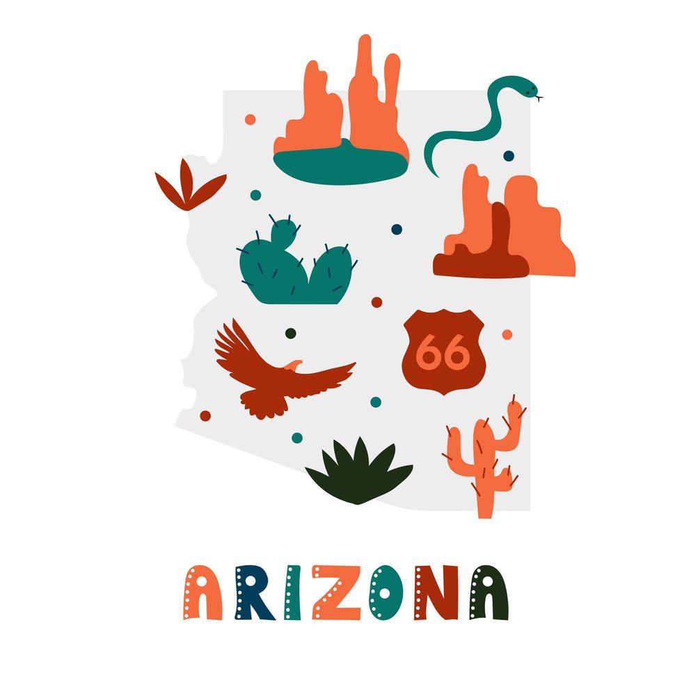 colección de mapas de Estados Unidos. Símbolos estatales en la silueta del estado gris - Arizona vector