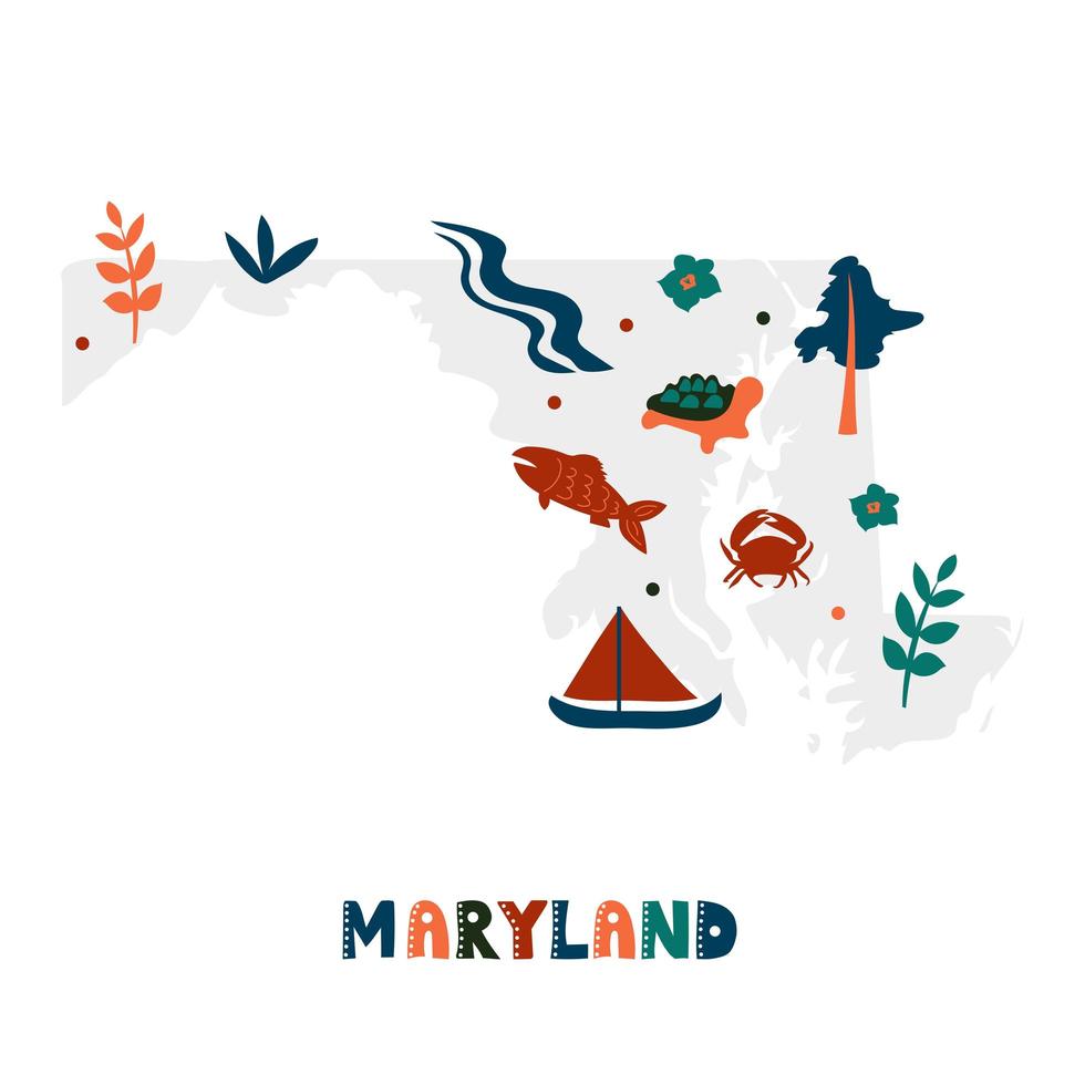 USA map collection. State symbols on gray state silhouette - Maryland vector