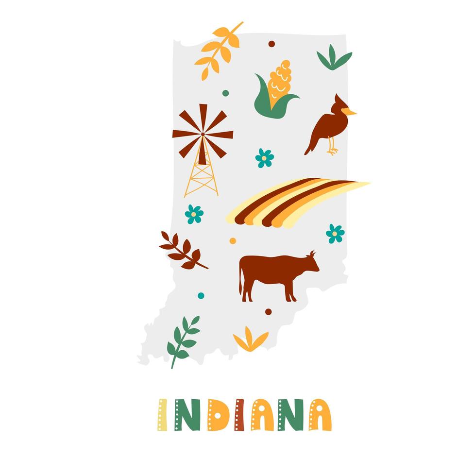 USA map collection. State symbols on gray state silhouette - Indiana vector