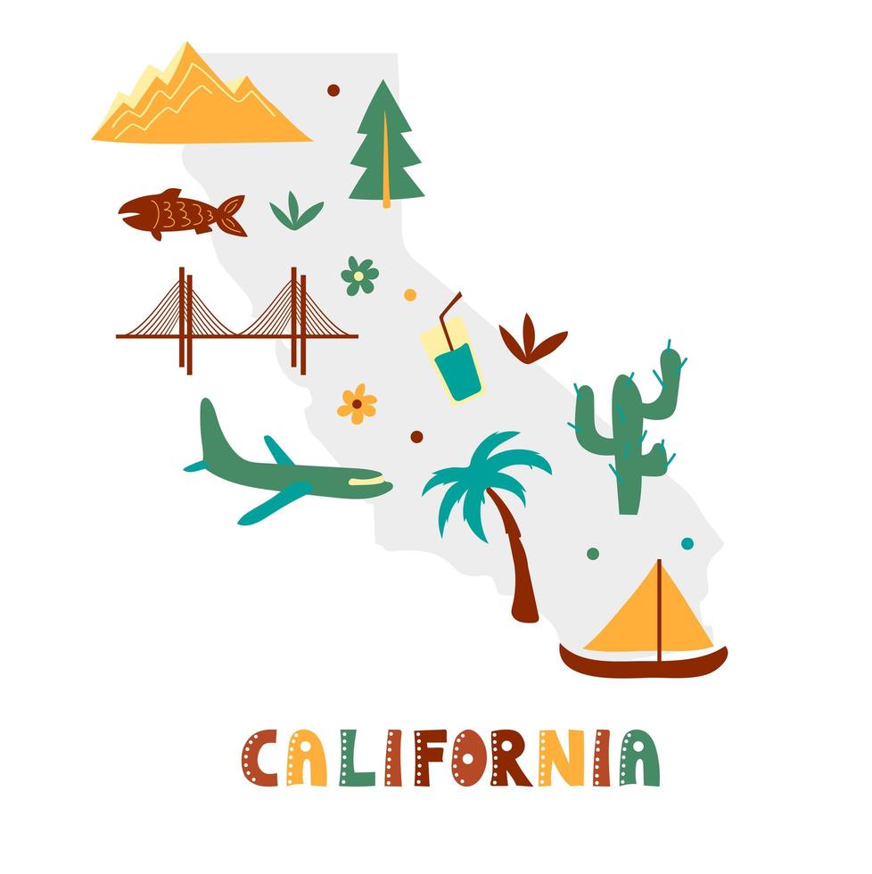 USA map collection. State symbols on gray state silhouette - California vector