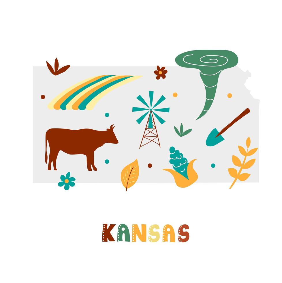USA map collection. State symbols on gray state silhouette - Kansas vector