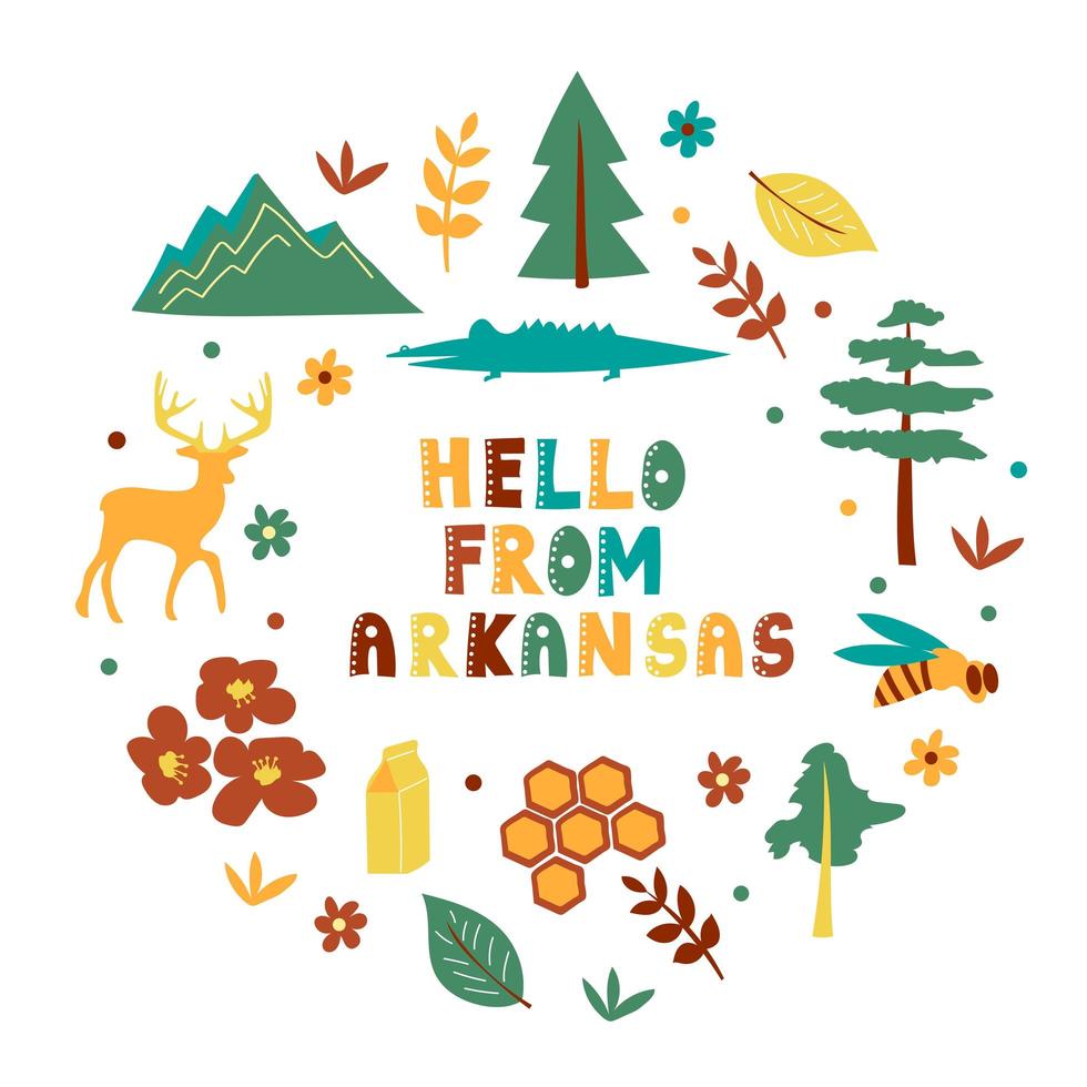 USA collection. Hello from Arkansas theme. State Symbols vector