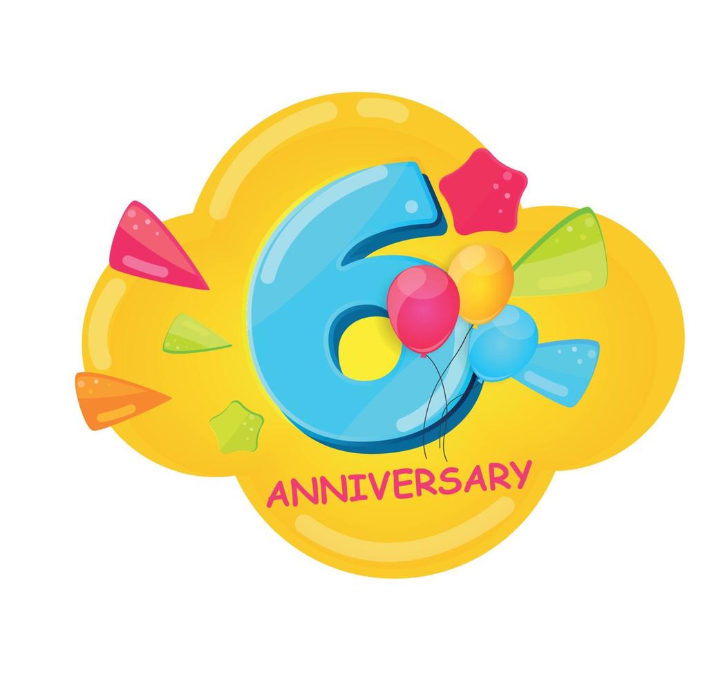 Cute Cartoon  Template Logo 6 Years Anniversary Vector Illustration