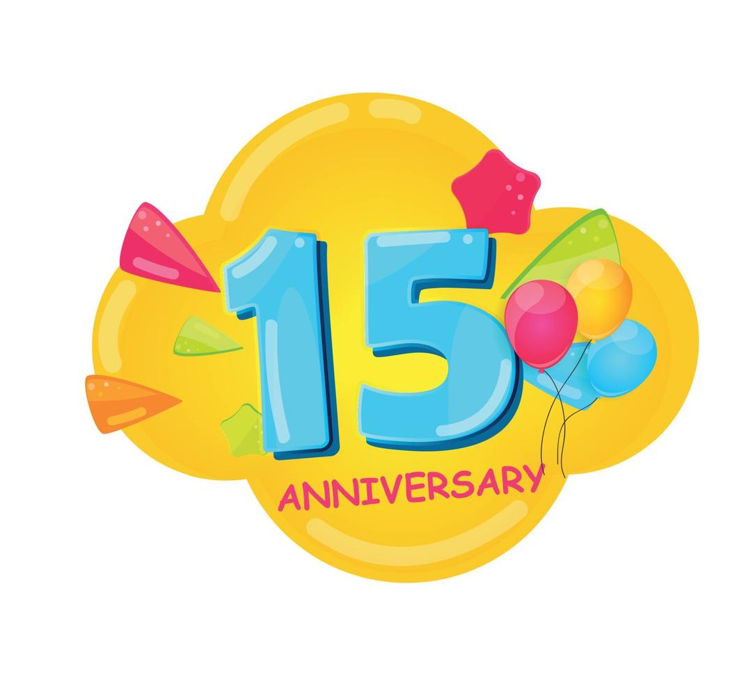 Cute Cartoon  Template Logo 15 Years Anniversary Vector Illustration