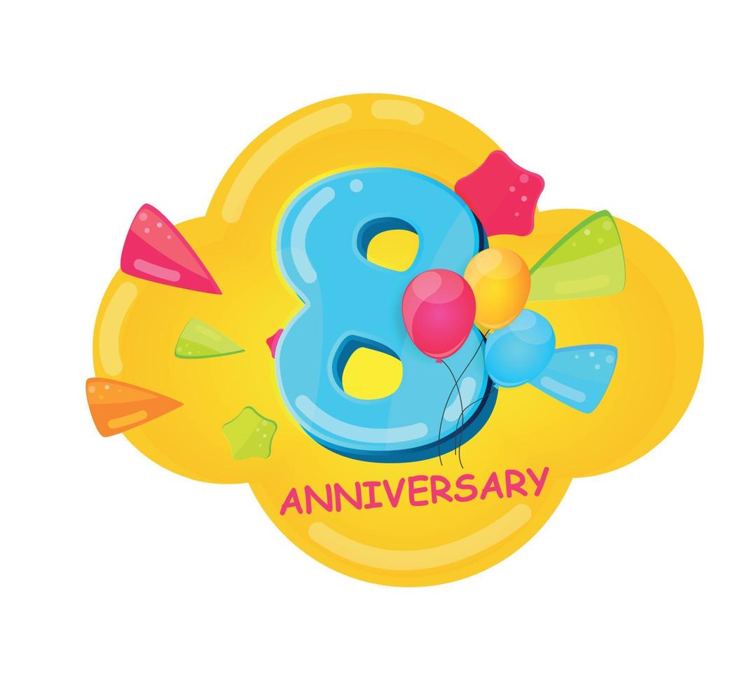 Logotipo de plantilla de dibujos animados lindo Ilustración de vector de aniversario de 8 años