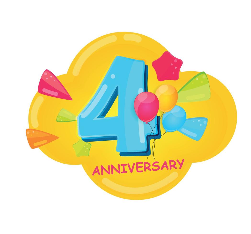 Logotipo de plantilla de dibujos animados lindo Ilustración de vector de aniversario de 4 años