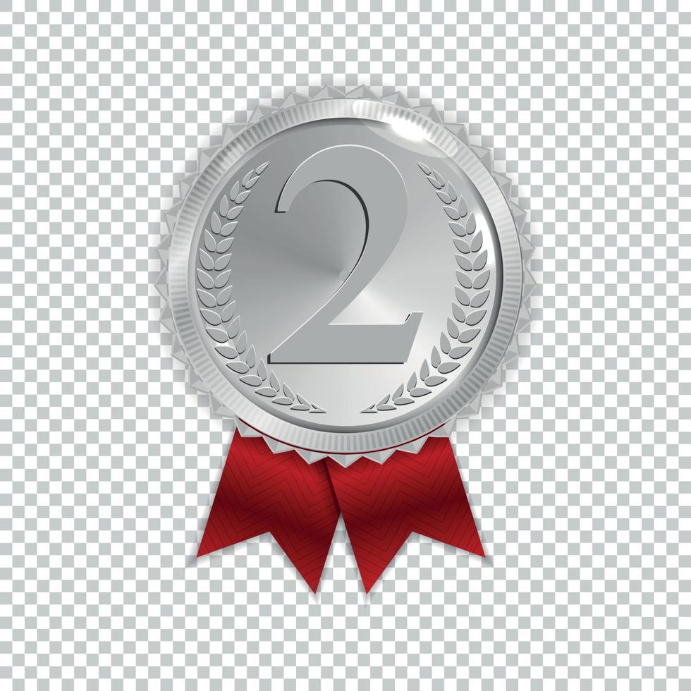 Champion Art Silver Medal with Red Ribbon Icon Sign Second Place Isolated on Transparent Background. Vector Illustration