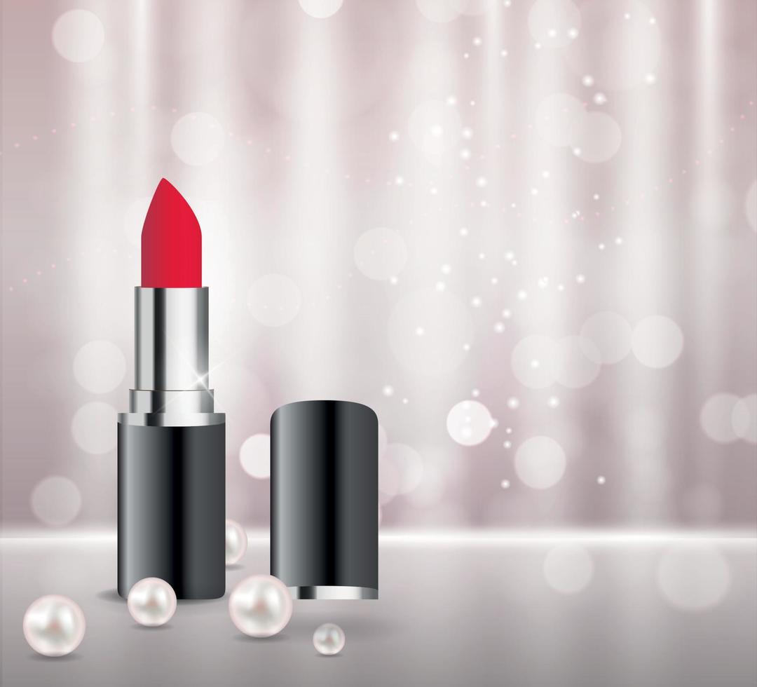 Diseñe la plantilla de lápiz labial de productos cosméticos para anuncios o revistas de fondo. Ilustración de vector realista 3d