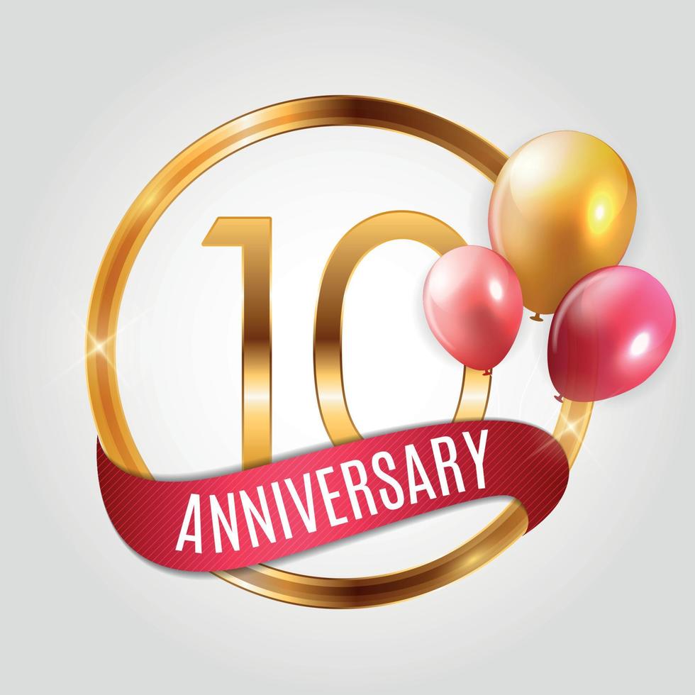 Template Gold Logo 10 Years Anniversary with Ribbon and Balloons Vector Illustration