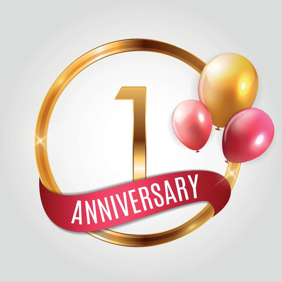 Template Gold Logo 1 Years Anniversary with Ribbon and Balloons Vector Illustration