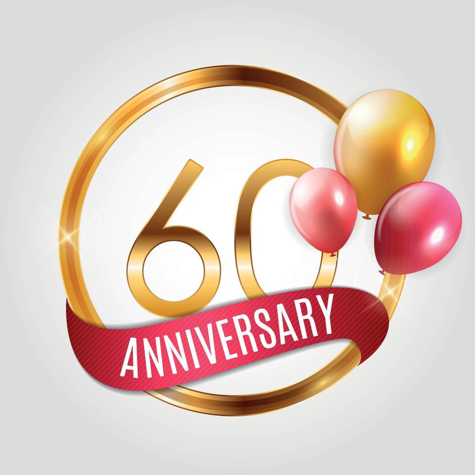 Template Gold Logo 60 Years Anniversary with Ribbon and Balloons Vector Illustration