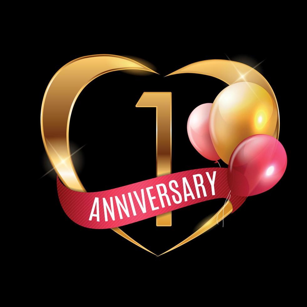 Template Gold Logo 1 Years Anniversary with Ribbon and Balloons Vector Illustration