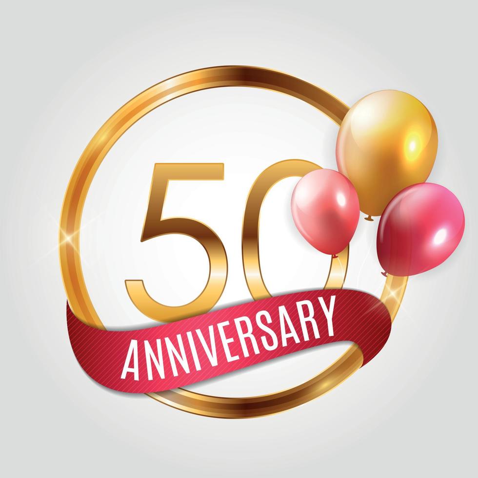 Template Gold Logo 50 Years Anniversary with Ribbon and Balloons Vector Illustration