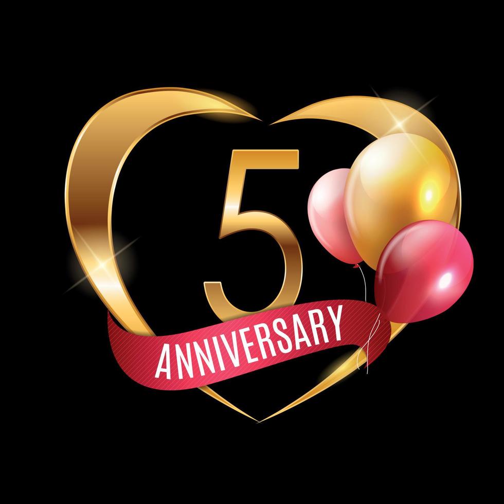 Template Gold Logo 5 Years Anniversary with Ribbon and Balloons Vector Illustration