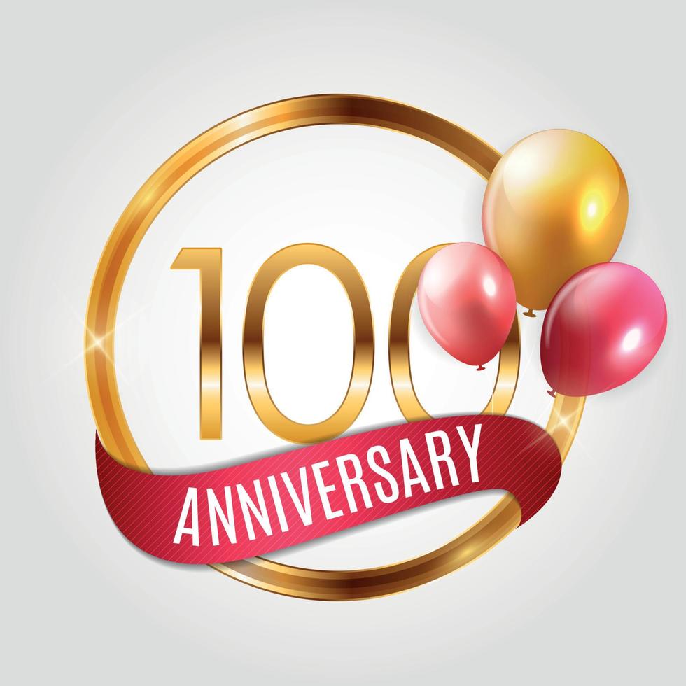 Template Gold Logo 100 Years Anniversary with Ribbon and Balloons Vector Illustration