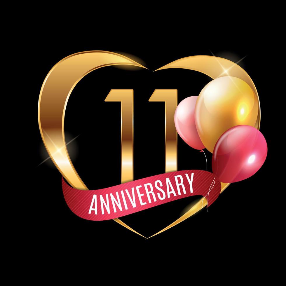 Template Gold Logo 11 Years Anniversary with Ribbon and Balloons Vector Illustration