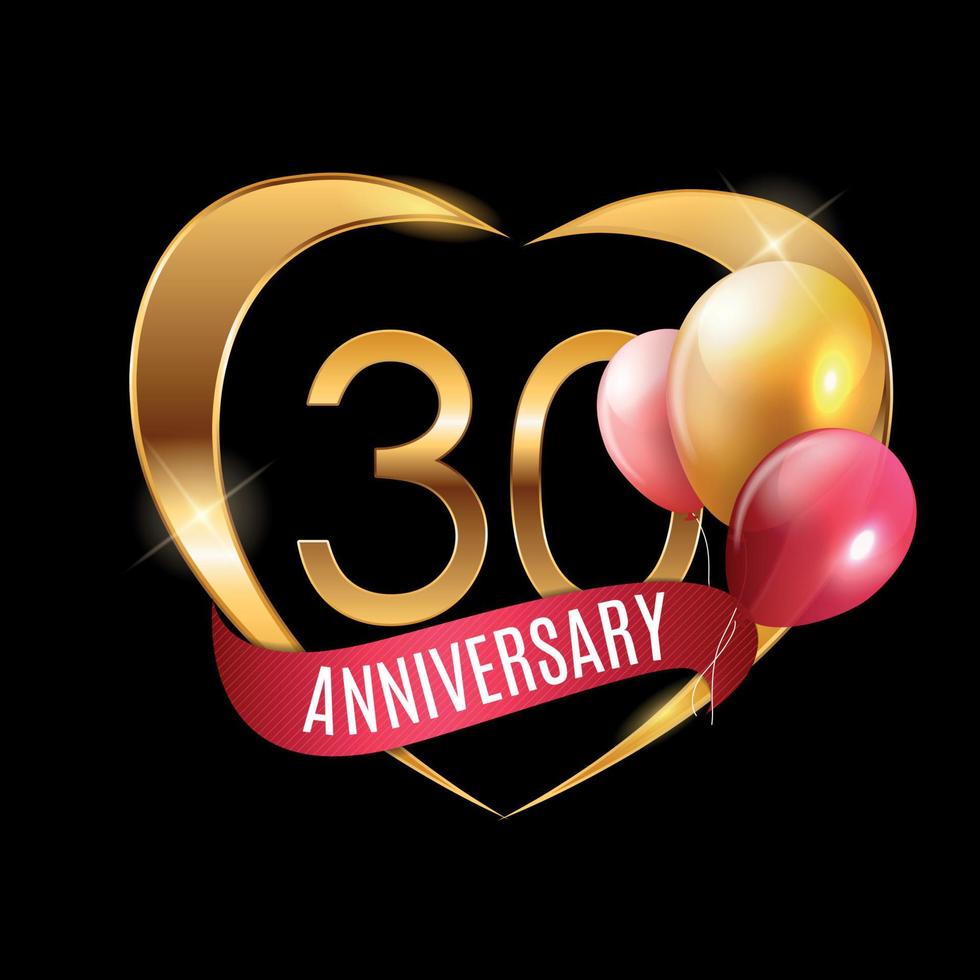 Template Gold Logo 30 Years Anniversary with Ribbon and Balloons Vector Illustration