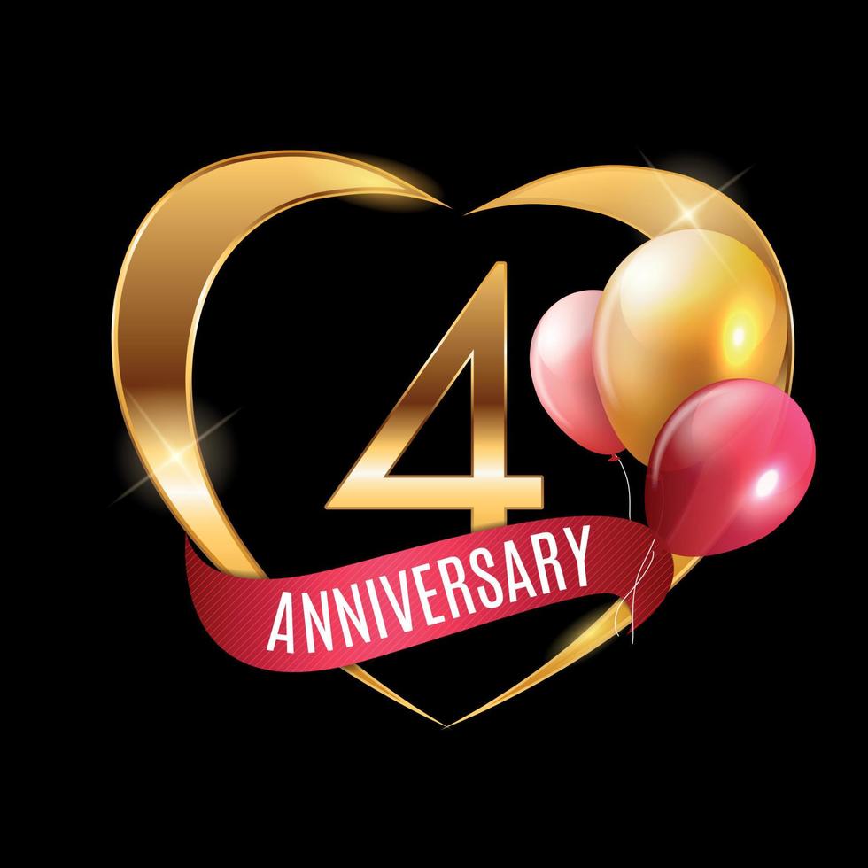 Template Gold Logo 4 Years Anniversary with Ribbon and Balloons Vector Illustration