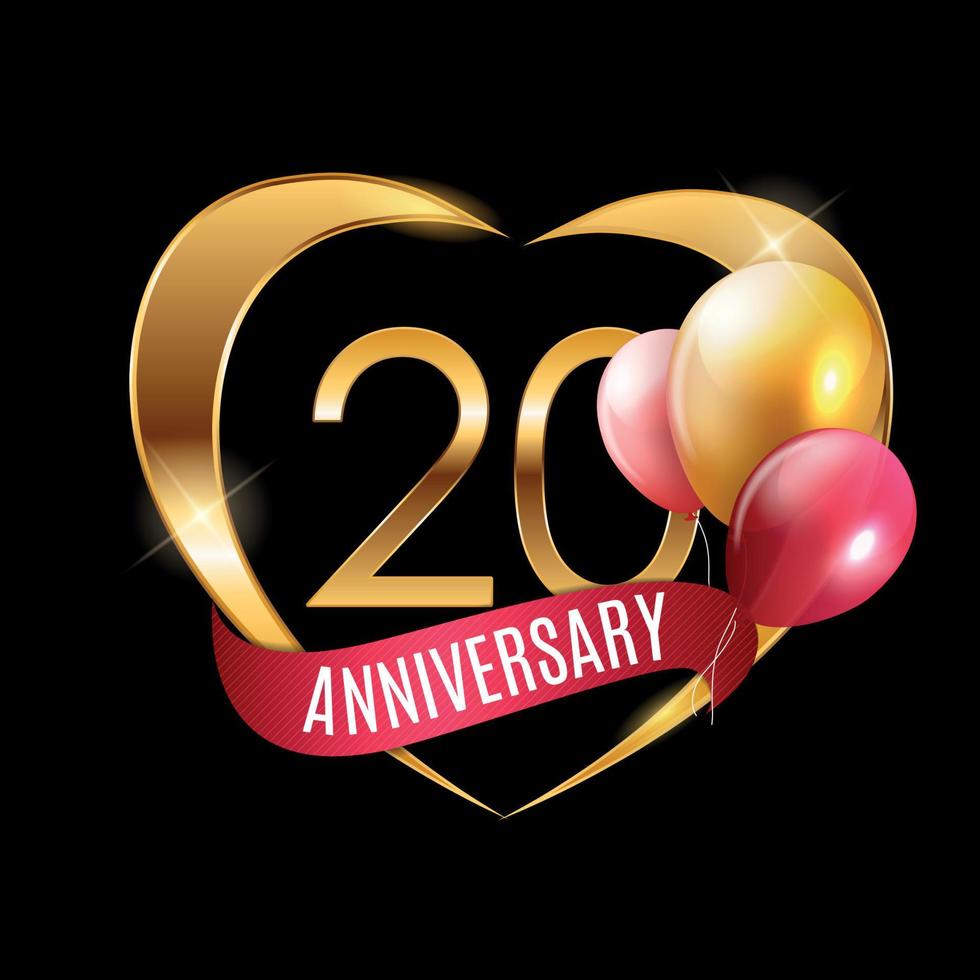 Template Gold Logo 20 Years Anniversary with Ribbon and Balloons Vector Illustration