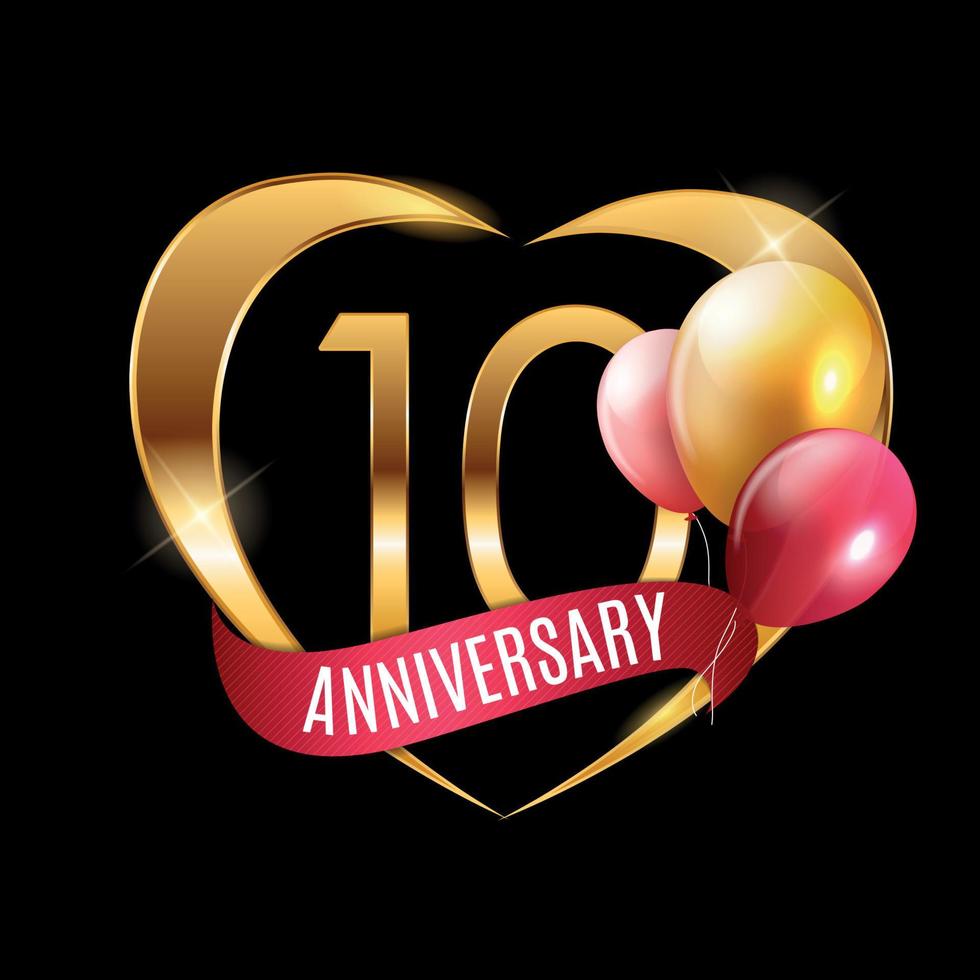 Template Gold Logo 10 Years Anniversary with Ribbon and Balloons Vector Illustration
