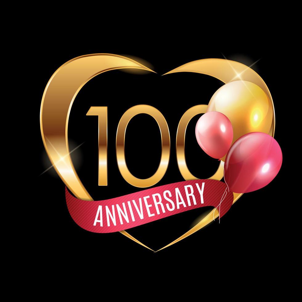 Template Gold Logo 100 Years Anniversary with Ribbon and Balloons Vector Illustration