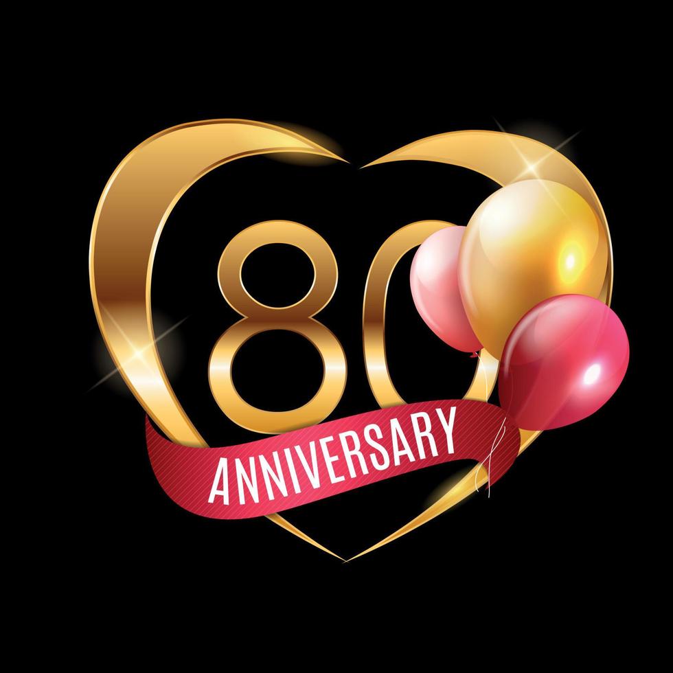 Template Gold Logo 80 Years Anniversary with Ribbon and Balloons Vector Illustration